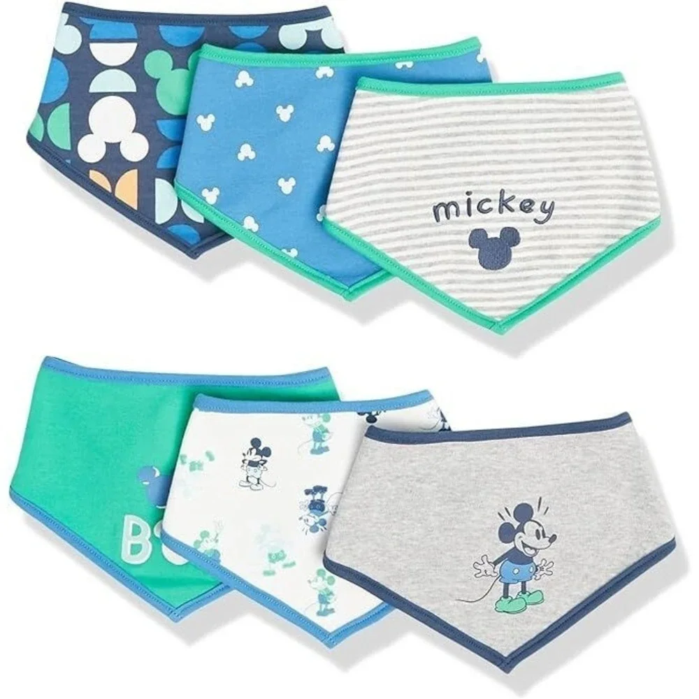6 Pack Amazon Essentials Disney Mickey Mouse Boy 100% Cotton Bandana Baby Bibs‎